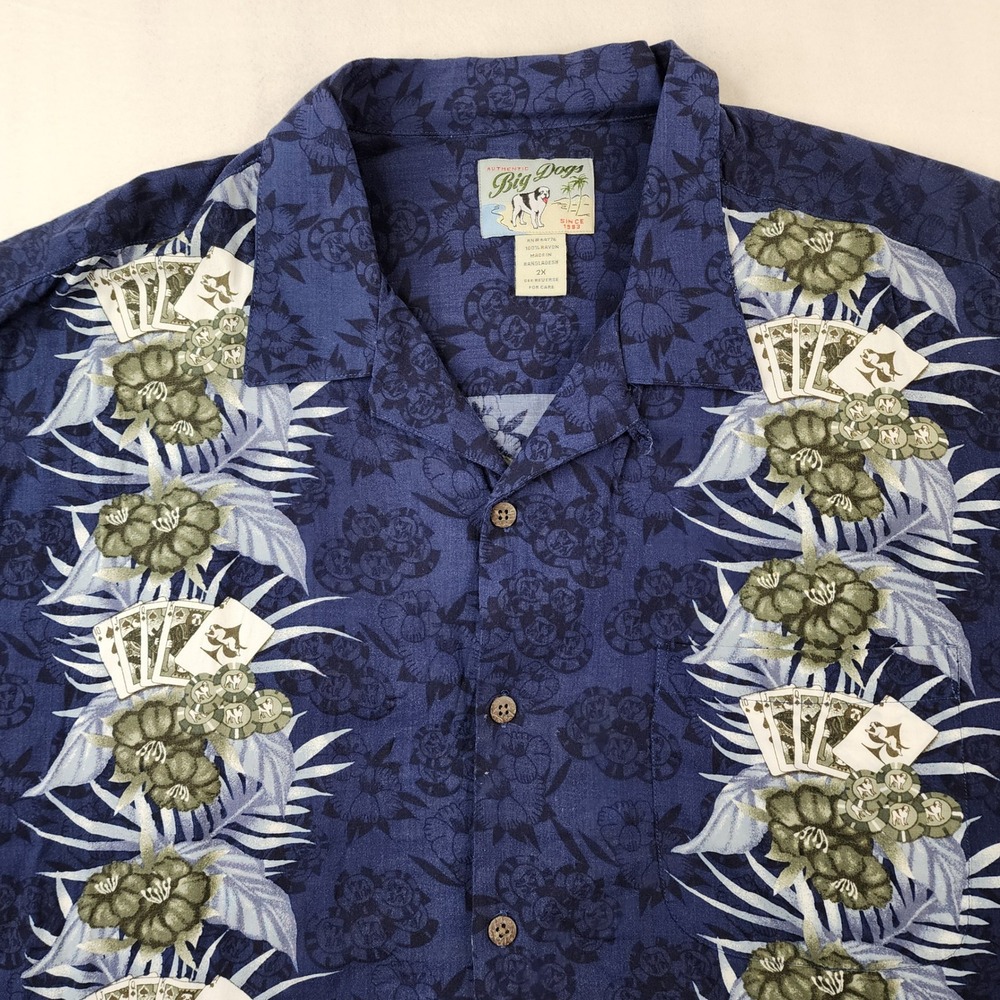 Big Dogs Shirt Mens 2X Blue Rayon Play To Win Gambling Poker Floral Camp Button